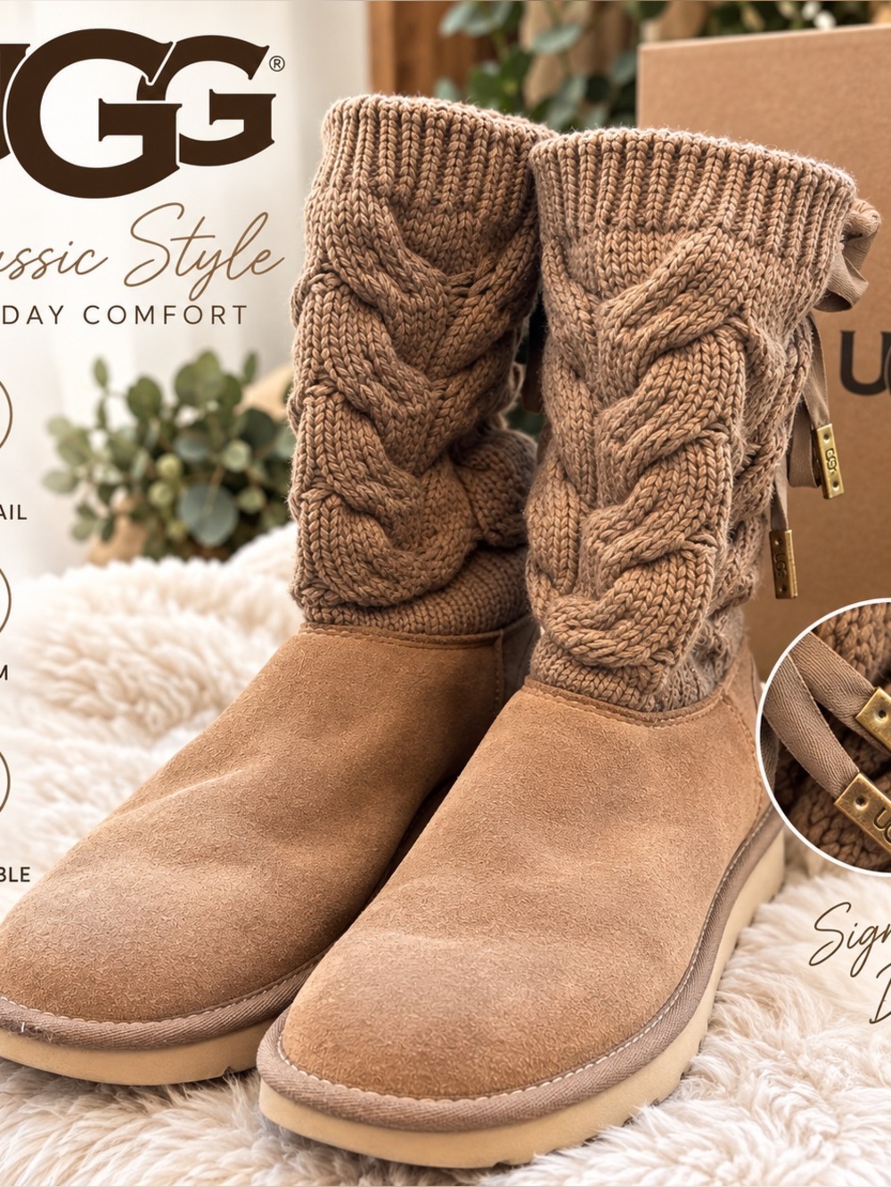 UGG Women's Knit and Suede Mid-Calf Boots in Chestnut